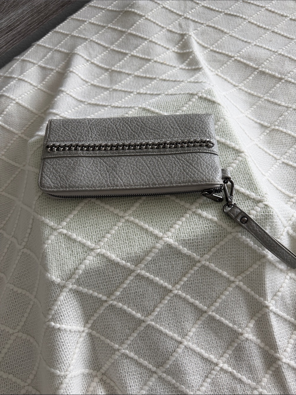 Gray Chain-Trim Wristlet Clutch with Removable Strap